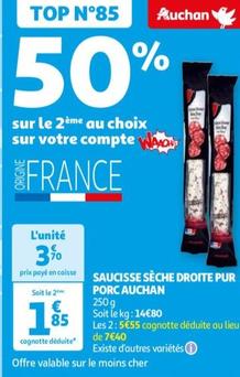 Auchan - Saucisse Sèche Droite Pur Porc