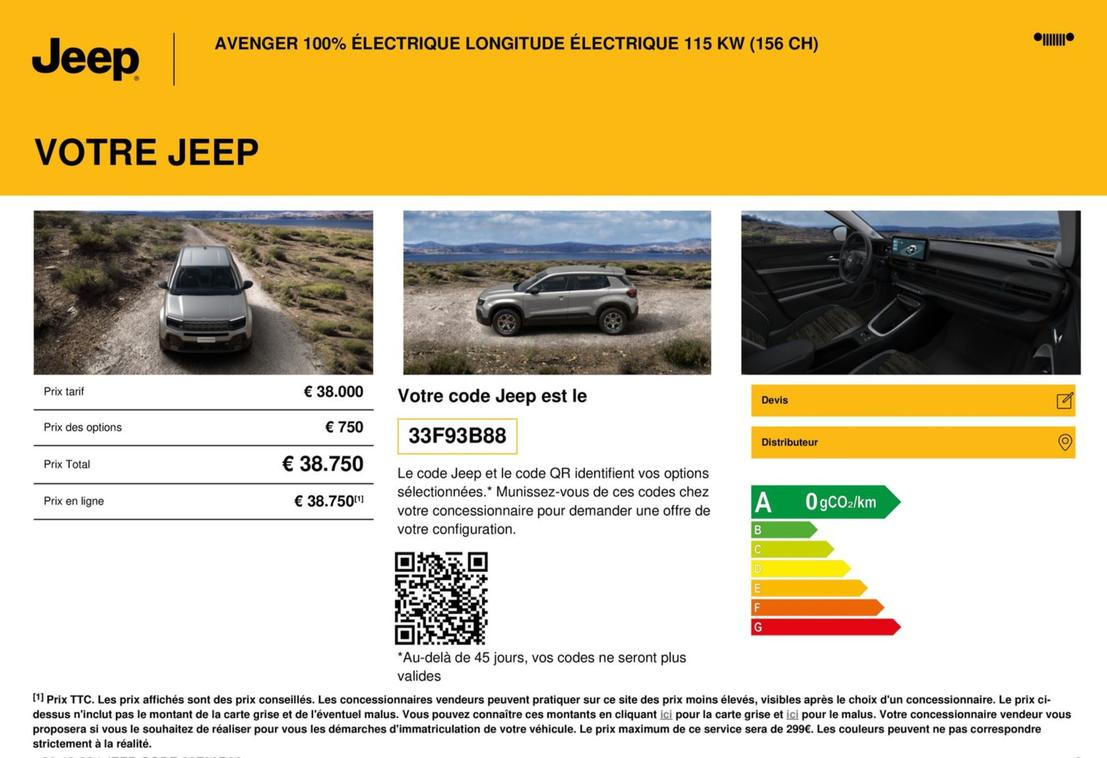 Jeep - Avenger 100% Électrique Longitude Électrique 115 Kw (156 Ch) 33f93b88 offre sur Jeep