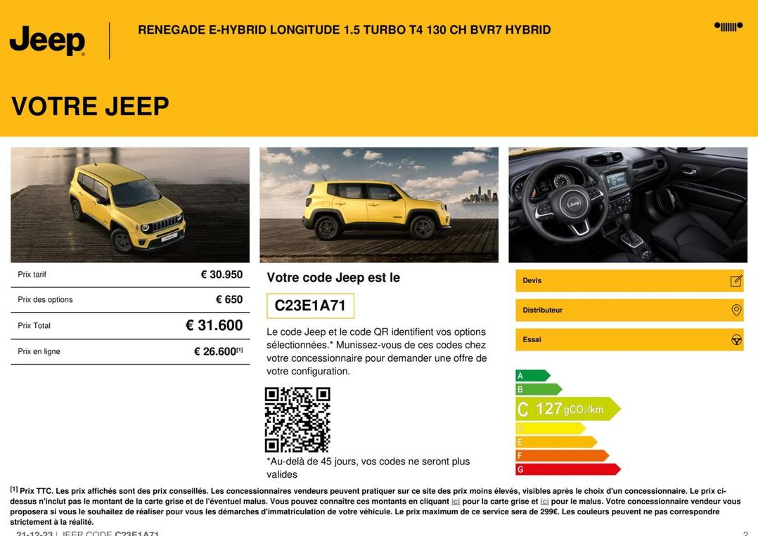 Jeep - Renegade E-hybrid Longitude 1.5 Turbo T4 130 Ch Bvr7 Hybrid , C23e1a71 offre sur Jeep