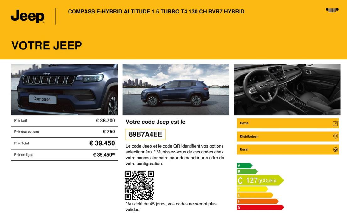 Jeep - Compass E-hybrid Altitude 1.5 Turbo T4 130 Ch Bvr7 Hybrid , 89b7a4ee offre sur Jeep