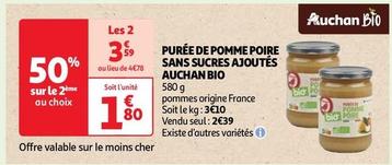 Auchan Bio - Purée de Pomme Poire Sans Sucres Ajoutés : un savoureux mélange de fruits bio, sans sucres ajoutés, à prix promo chez Auchan !