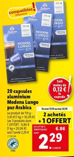 bellarem - lungo pur arabica, 20 capsules aluminium modena - promo et caractéristiques