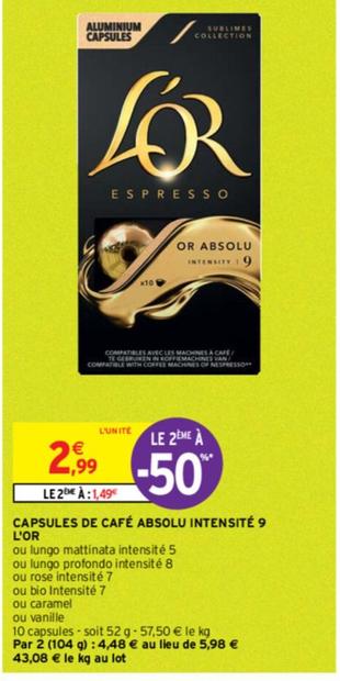 L'or - Capsules De Cafe Absolu Intensite 9
