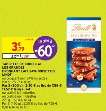 Lindt - Tablette De Chocolat Les Grandes Croquant Lait 34% Noisettes
