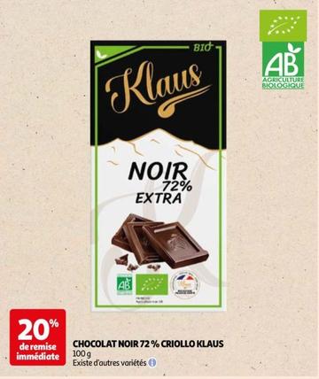 klaus - chocolat noir 72% criollo