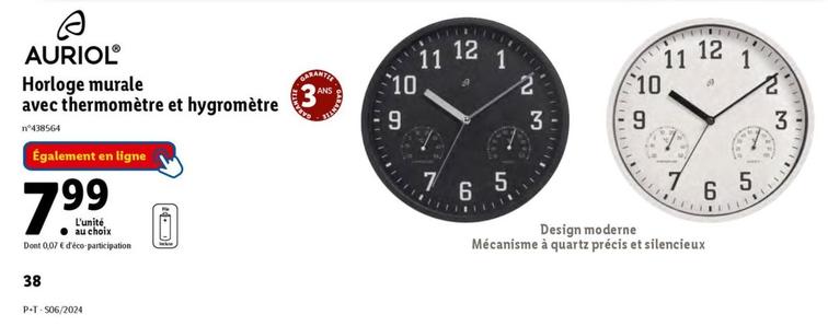 Horloge murale Auriol avec thermomètre et hygromètre - Promo incluse !