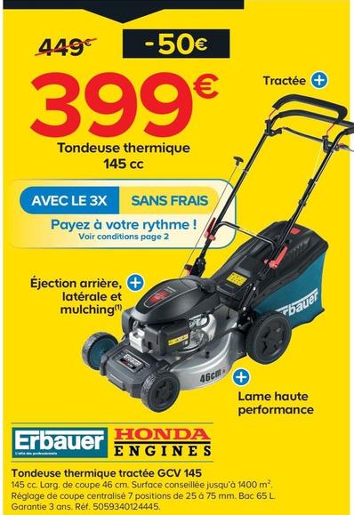 promo : tondeuse thermique tractée honda gcv145 145cc - 46 cm