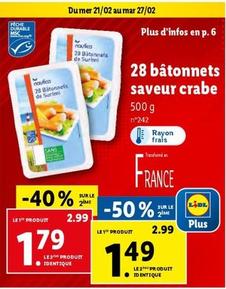 28 Bâtonnets Saveur Crabe offre à 2,99€ sur Lidl