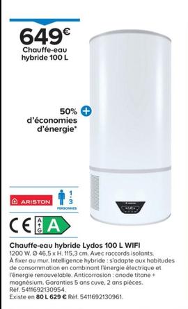 Profitez de la promo sur le chauffe-eau électrique Hybrid Connecté Lydos 100l 3 personnes Ariston !