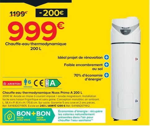 Ariston - Chauffe-eau Thermodynamique Nuos Primo Ambiant 200l offre à 999€ sur Castorama