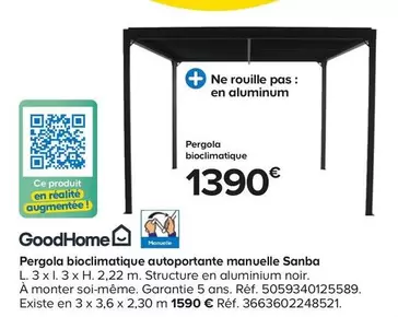 Goodhome - Pergola Bioclimatique Autoportante Manuelle Sanba offre à 1390€ sur Castorama