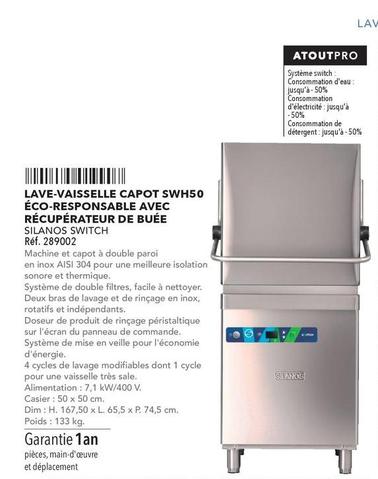 Silanos Switch - Lave Vaisselle Capot SWH50 Éco Responsable Avec Récupérateur De Buée  offre sur Metro