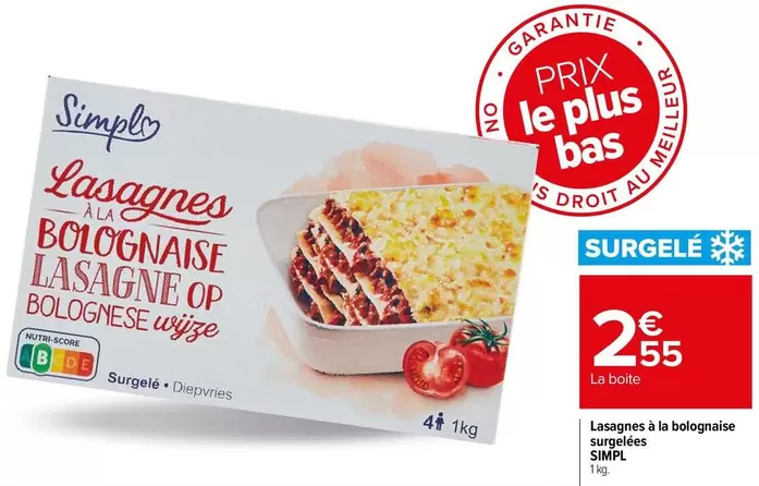 Simpl - Lasagnes À La Bolognaise Surgelées offre à 2,55€ sur Carrefour Express