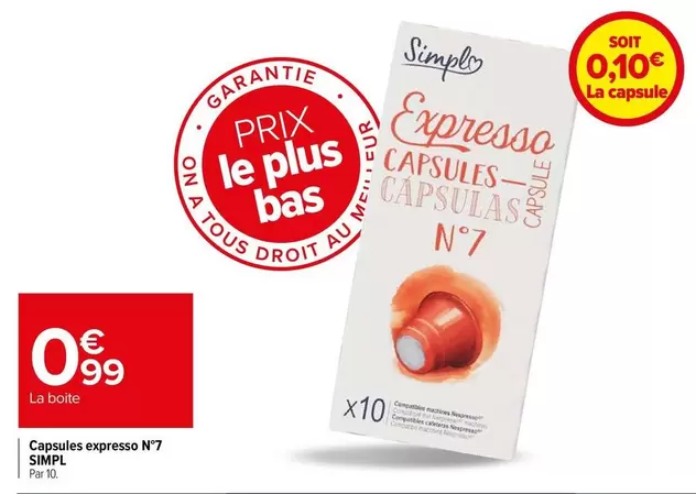 Simpl - Capsules Expresso N°7 offre à 0,99€ sur Carrefour Express