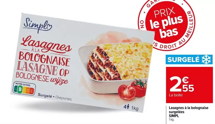 Simpl - Lasagnes À La Bolognaise Surgelées offre à 2,55€ sur Carrefour Drive