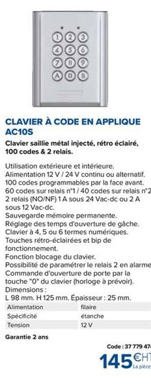 Clavier À Code En Applique AC10S offre à 145€ sur Prolians