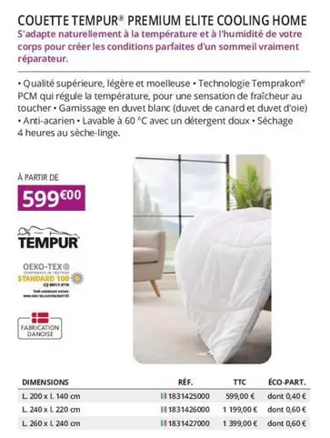 Tempur - Couette Premium Elite Cooling Home offre à 599€ sur Distri Club Médical