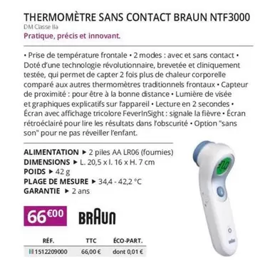Braun - Thermomètre Sans Contact NTF3000 offre à 66€ sur Distri Club Médical