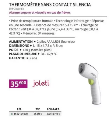 Thermomètre Sans Contact Silencia offre à 35€ sur Distri Club Médical
