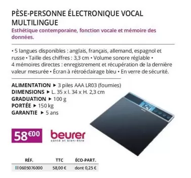 Beurer - Pèse-Personne Électronique Vocal Multilingue offre à 58€ sur Distri Club Médical
