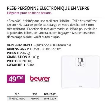 Beurer - Pèse-Personne Électronique En Verre offre à 49€ sur Distri Club Médical