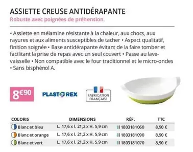 Assiette Creuse Antidérapante offre à 8,9€ sur Distri Club Médical