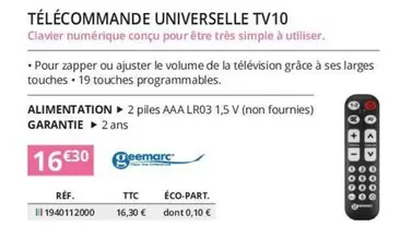 Télecommande Universelle TV10 offre à 16,3€ sur Distri Club Médical