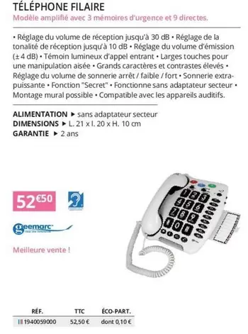 Téléphone Filaire offre à 52,5€ sur Distri Club Médical