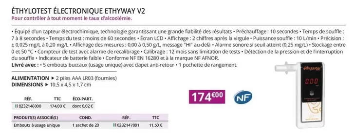 Éthylotest Électronique Ethyway V2 offre à 174€ sur Distri Club Médical