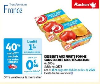 Auchan - Desserts Aux Fruits Pomme Sans Sucres Ajoutés offre à 1,1€ sur Auchan Hypermarché