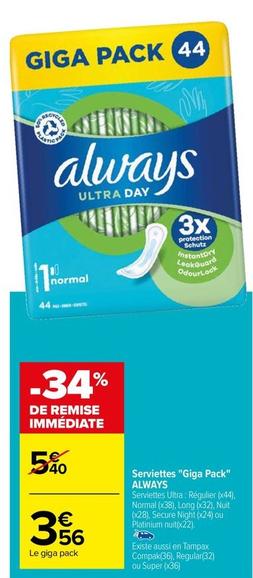 Serviettes hygiéniques offre à 3,56€ sur Carrefour Drive
