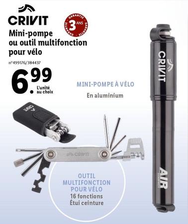 Crivit - Mini-Pompe Ou Outil Multifonction Pour Vélo : Le compagnon idéal pour vos sorties à vélo ! Profitez de notre promo spéciale sur cet outil multifonction compact et pratique, qui vous permettra de gonfler vos pneus et de réaliser de mult