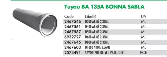 Bonna Sabla - Tuyau BA 135A offre sur Ciffréo Bona