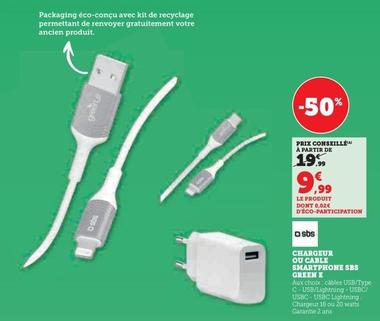 Sbs - Chargeur Ou Cable Smartphone Green E offre à 9,99€ sur Hyper U