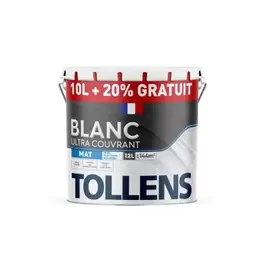 peinture tollens ultra couvrant murs plafonds et boiseries mat blanc 10l+20% gratuit