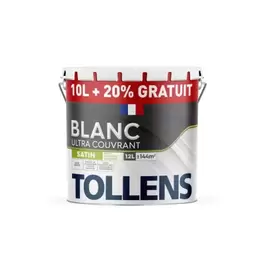 peinture tollens ultra couvrant murs plafonds et boiseries satin blanc 10l+20% gratuit