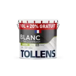 Peinture Tollens Ultra Couvrant Murs Plafonds Et Boiseries Satin Blanc 10l+20% Gratuit