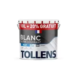 Peinture Tollens Ultra Couvrant Murs Plafonds Et Boiseries Mat Blanc 10l+20% Gratuit