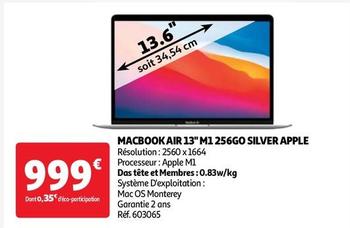 Apple - Macbook Air 13" M1 256go Silver offre à 999€ sur Auchan Hypermarché