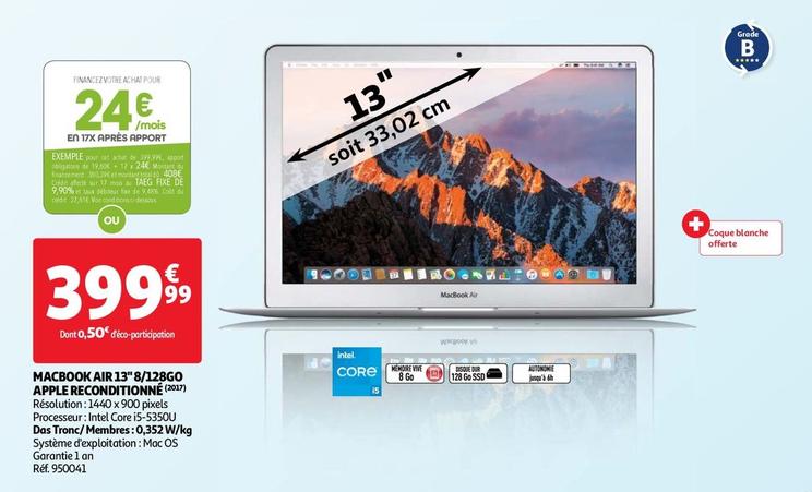 apple - macbook air 13" 8/128go reconditionné (2017)