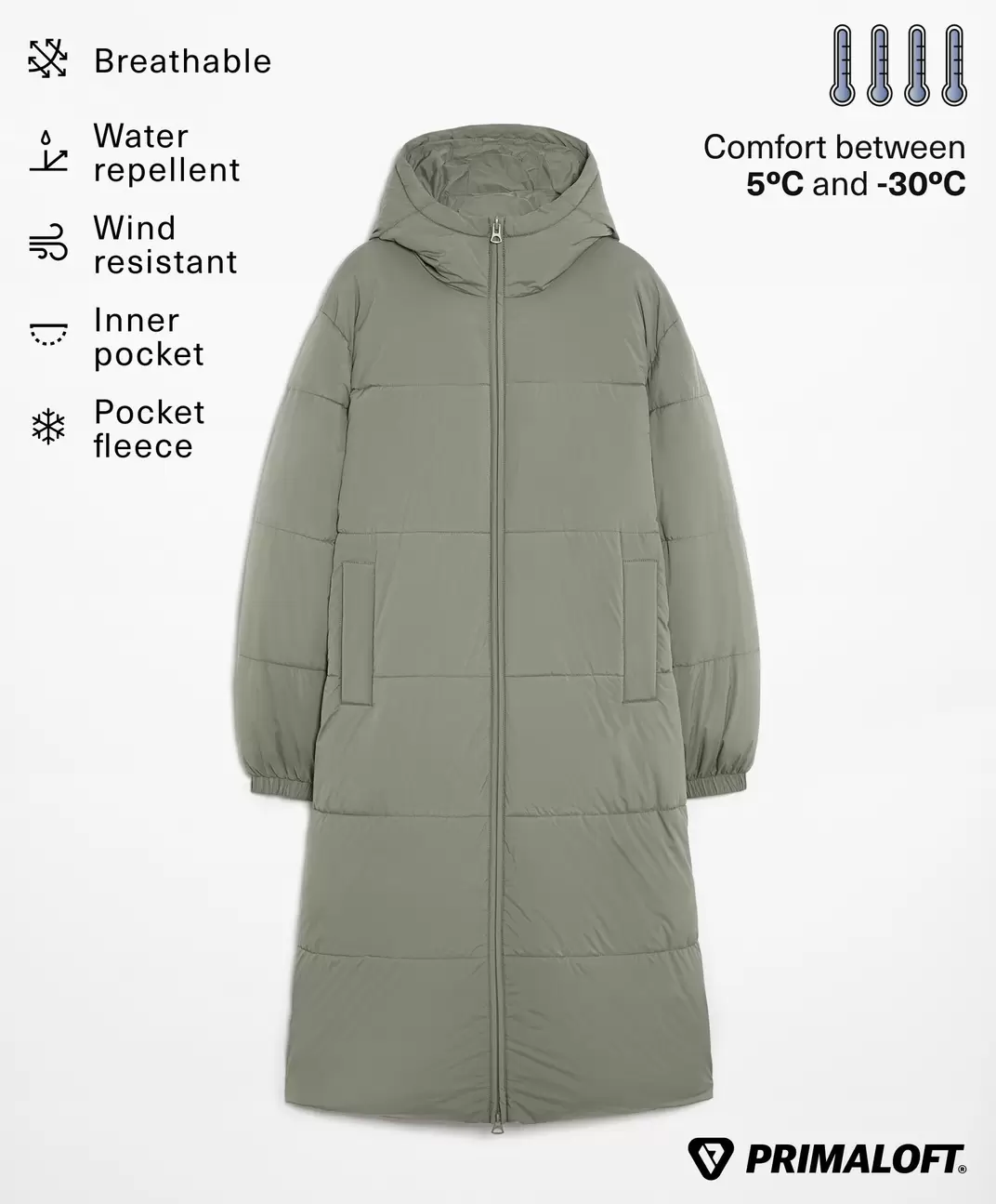 Manteau long rembourré Primaloft® déperlant offre à 129€ sur Oysho