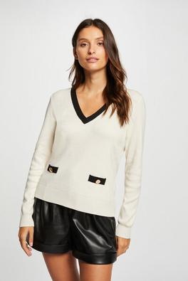 pull manches longues col en v ivoire femme