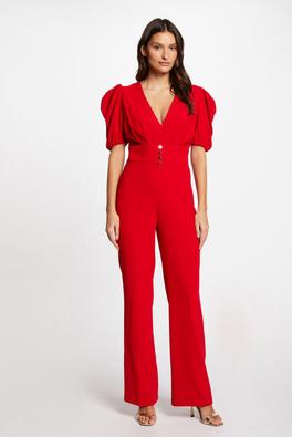Combinaison pantalon col en V rouge femme
