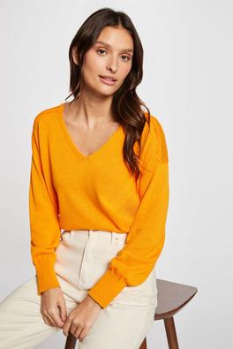 pull col en v manches longues orange femme