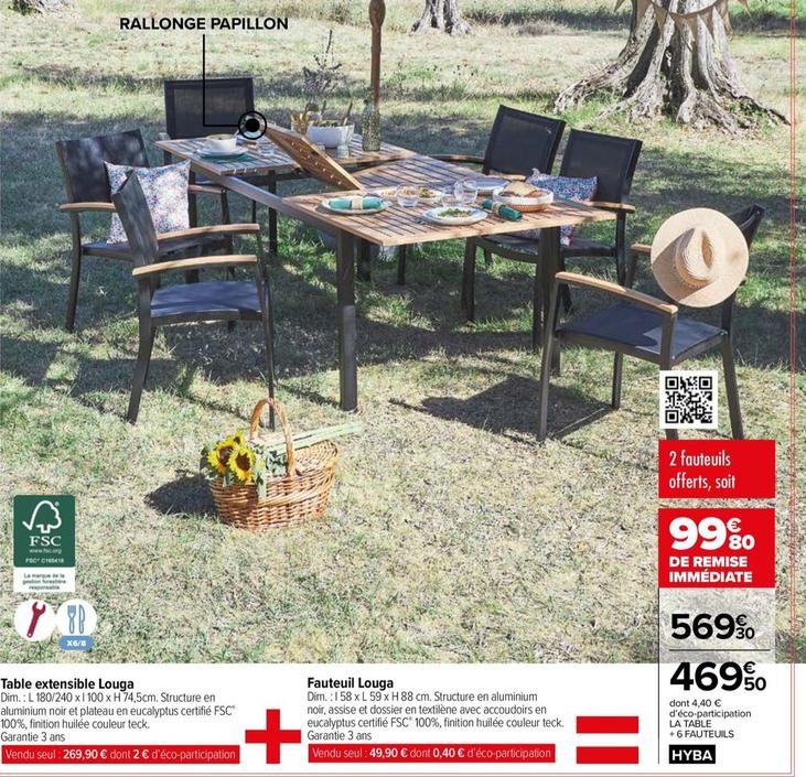 Table Extensible Louga + Fauteuil Louga offre à 469,5€ sur Carrefour Market