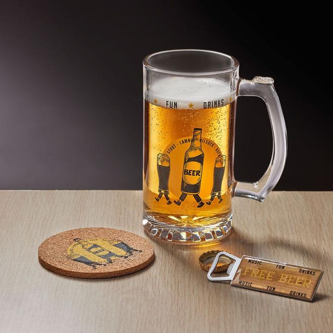 Coffret bière 3 pièces verre décapsuleur et sous-verre - 2 modèles offre à 4,99€ sur Gifi