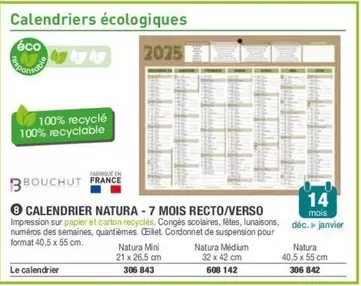 Bouchut - Calendrier Natura-7 Mois Recto/Verso offre sur Hyperburo