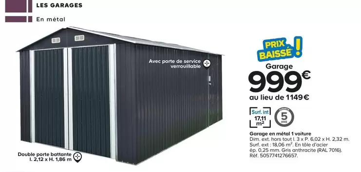 Garage En Métal 1 Voiture offre à 999€ sur Castorama