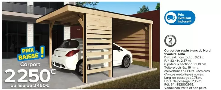 Carport En Sapin Blanc Du Nord  offre à 2250€ sur Castorama