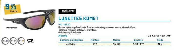 Bolle - Lunettes Komet offre à 9,2€ sur Master Pro